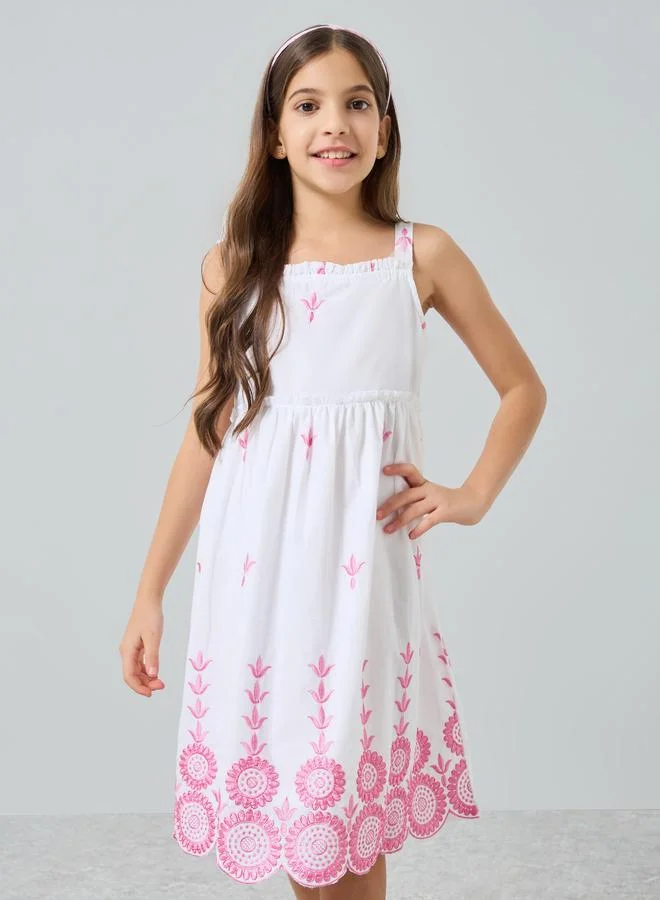 Styli Girls Pink Embroidered Strappy Midi Dress